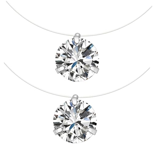 DIKACA 2 Stück Transparente Fish Wire Halskette mit Zirkonia Anhänger Schmuck Unsichtbare Nylonkette Elegant und Einfach zu Tragen für Mädchen von DIKACA