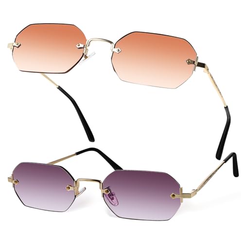 DIKACA 2 Stück Vintage Randlose Mehrflächige Sonnenbrille für Damen und Herren Leichter Metallrahmen mit Verstellbaren Nasenpads Polierte Gläser mit UV schutz Modisches Gold mit DIKACA 2 Stück Vintage Randlose Mehrflächige Sonnenbrille für Damen und Herren Leichter Metallrahmen mit Verstellbaren Nasenpads Polierte Gläser mit UV schutz Modisches Gold mit von DIKACA