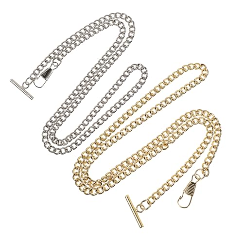 DIKACA 2 Stück Vintage Taschenuhrkette aus Metall mit Bar und Karabinerverschluss Robuste Jeanskette als Stilvolles Accessoire für Herren und Damen Gold und Silberfarben von DIKACA