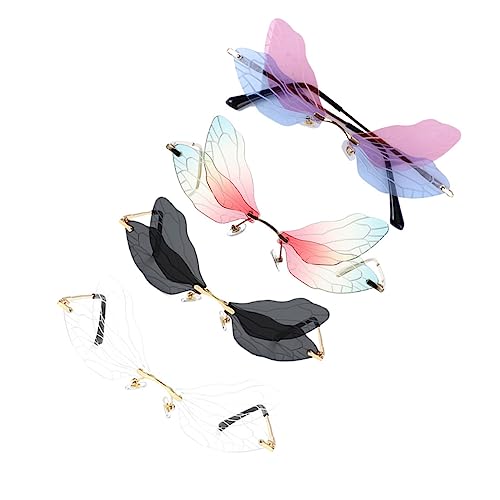 DIKACA 4 Paare Damen Sonnenbrillen mit Randlosem Unregelmäßigem Libellenflügel Design Transparente Gläser Leichte Party und Disco Brillen für Festliche Anlässe von DIKACA