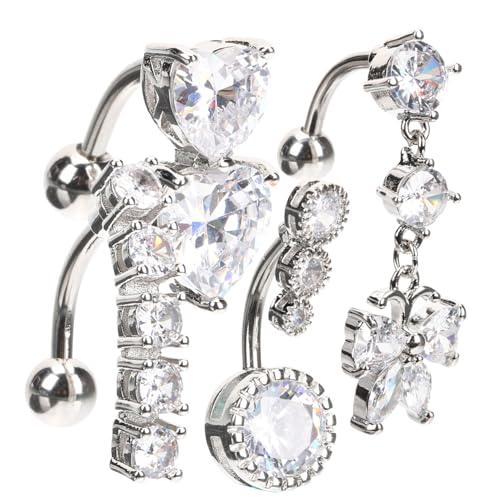 DIKACA 4 Stück Teiliges Bauchnabelpiercing Edelstahl Bauchnabelringe mit Zirkonia Damen Körperschmuck für Urlaub Strand Sommermode von DIKACA
