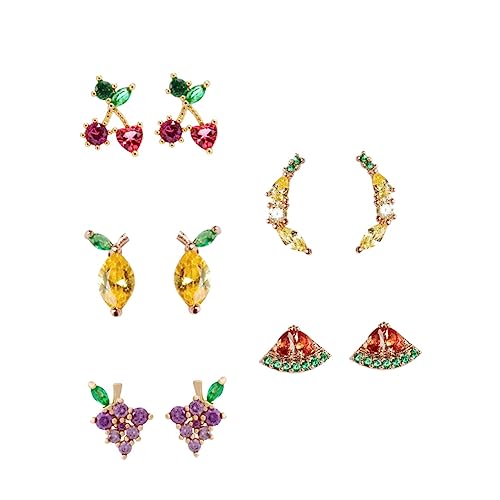 DIKACA 5 Paare Fruchtmotiv Ohrstecker Silber mit Tropenfrüchten Zitrone Traube Wassermelone Herz Kirsche Ohrringe für Frauen Einzigartiger Schmuck für von DIKACA
