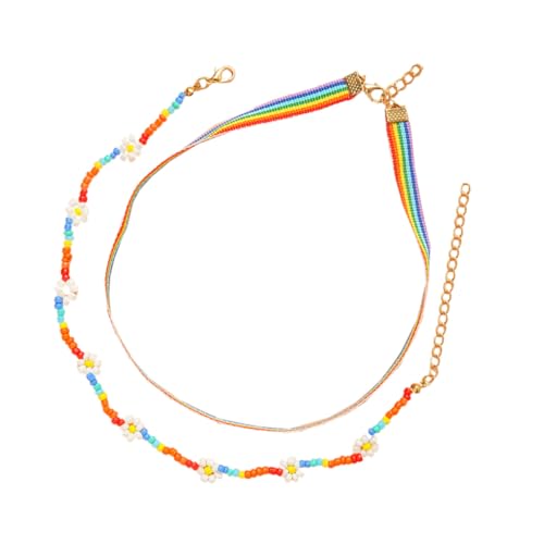 DIKACA Bunte Regenbogen Perlenkette Boho Choker mit Blumenmuster Sommer Strand Schmuck für Damen und Mädchen Verstellbar Umweltfreundlich Leicht Kombinierbar von DIKACA