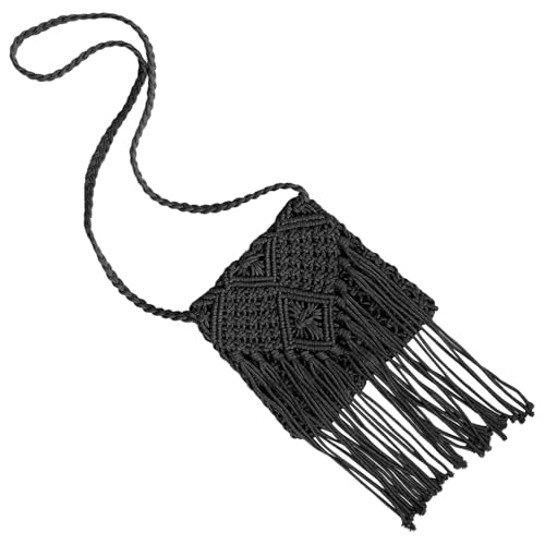 DIKACA Damen Crossbody Bag Geflochtene Strandtasche mit Quasten Handgefertigt Schultertasche Boho Stil Schwarz Vielseitig für Urlaub Reise Alltag von DIKACA