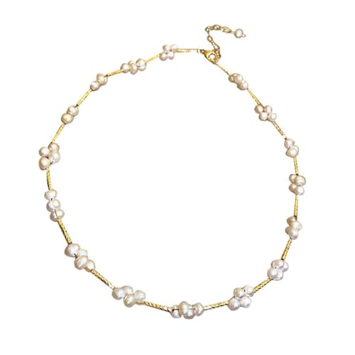 DIKACA Damen Perlenkette mit Zarter Schlüsselbein Kette Goldfarben Schmuck Halskette für Alltag und Festliche Anlässe Langlebig mit Filigraner Blumen Perlenverzierung von DIKACA