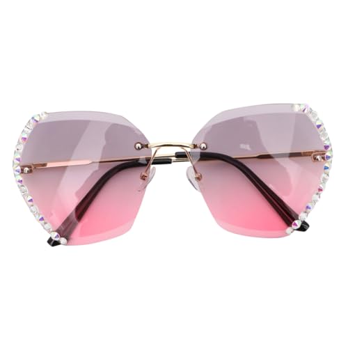 DIKACA Damen Sonnenbrille rahmenlos mit Kristallverzierung Modische Kleine Uv-schutzbrille für Party und Alltag Gold-rot Kreative Fashion Eyewear für Frauen von DIKACA