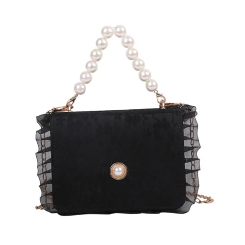 DIKACA Elegante Damen Crossbody Tasche mit Perlen Spitzenkettengurt Leichte Umhängetasche für Alltag Shopping und Reisen Mittelgroß Komfortabel Tragbar Modisches Design in Schwarz von DIKACA