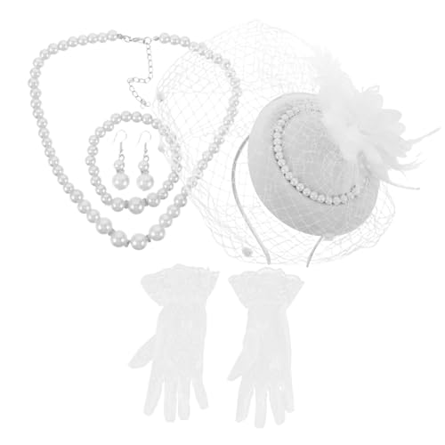 DIKACA Elegantes Damen-teeparty Vintage-hut Spitzenhandschuhen und Perlen-schmuck Inklusive Kopfschmuck Armschmuck und Halskette Komfortabel für Hochzeit und Festliche Anlässe von DIKACA