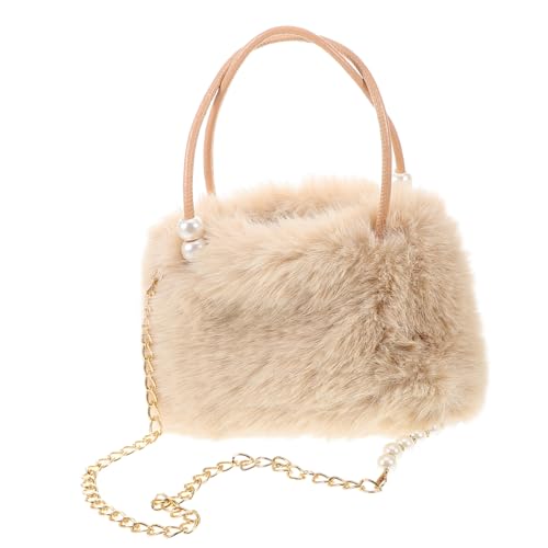 DIKACA Flauschige Umhängetasche Damen Große Kapazität Kuscheliges Plüschmaterial Perlencollier Schultertasche Beigetöne Winterhandtasche von DIKACA