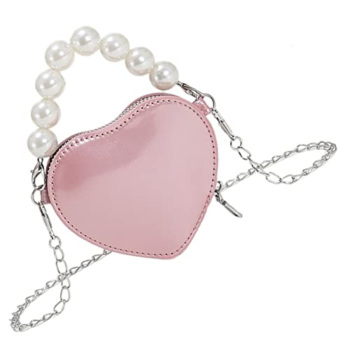 DIKACA Herzförmige Umhängetasche Damen Kleine Handtasche mit Kette Kunstperlen Leicht und Modisch für Party und Alltag Tasche für Mädchen von DIKACA