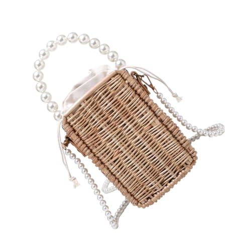 DIKACA Modische Damen Umhängetasche Geflochtene Stroh Handtasche mit Perlenbesatz Praktische Shopping Freizeit tasche für Alltag und Reise Vielseitige Schultertasche in Khaki von DIKACA