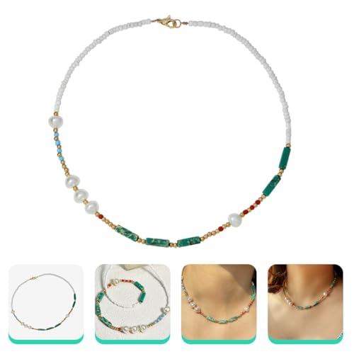 DIKACA Perlenkette Damen Boho Handgefertigt Grüne Halbedelstein Halskette Zierliche Schmuck für Frauen und Mädchen Modische Kette mit Perlenanhänger Vielseitig für Alltag und von DIKACA