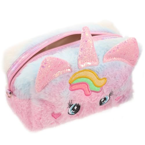 DIKACA Plüsch Einhorn Kosmetiktasche Mädchen Tragbare Reise Kulturbeutel Schminktasche Großes Fassungsvermögen Teen Toiletry Organizer Handtasche Rosa von DIKACA