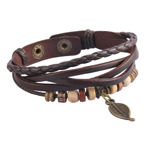 DIKACA Retro Cowhide Armband Damen Herren Handgefertigt Geflochtenes Lederarmband mit Modischem Blattanhänger Lässiges Vintage Schmuckstück für Alltag Party Geschenkidee von DIKACA