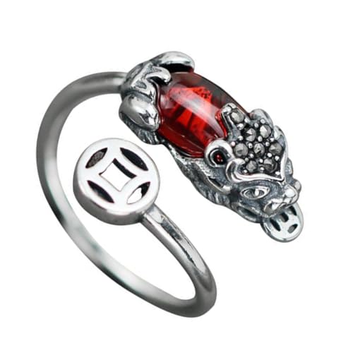 DIKACA Roter Kristallring Damen Kreativer Offener Ring aus Kupfer mit Feng Shui Drachen Motiv Verstellbar Stilvoller Fingerring für Glück und Wohlstand Elegant und Komfortabel von DIKACA