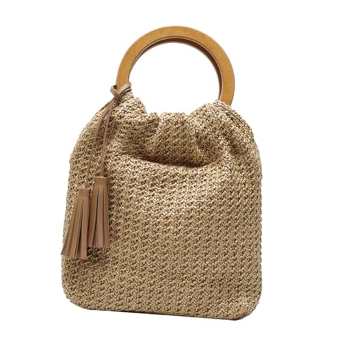 DIKACA Runde Handtasche Damen aus Gewebtem Stroh mit Massivem Holzgriff Vielseitige Schultertasche in Khaki Leichte Strand und Reisetasche für Alltag Shopping und Sommergebrauch von DIKACA