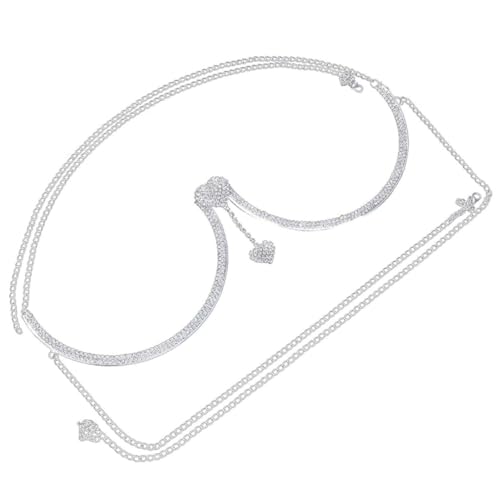 DIKACA Silberne Damen Körperkette mit Doppeltem Herz Anhänger und Funkelnden Strasssteinen Verstellbarer Unterwäsche Schmuck für Frauen für Partys Club Festtage und Besondere Anlässe von DIKACA