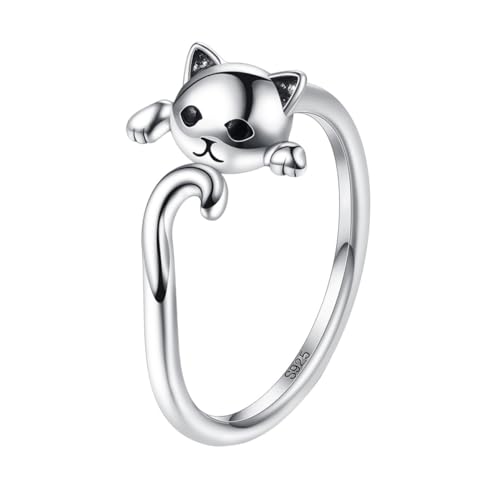 DIKACA Sterling Silber Damen Ring Offener Fingerring mit Katzenmotiv Verstellbar Modisches Schmuckaccessoire für Mädchen Hautfreundlich und Langlebig Geschenkidee von DIKACA
