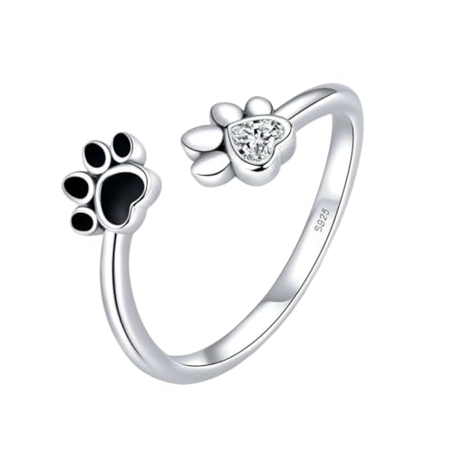 DIKACA Sterling Silber Damenring Verstellbar Offener Fingerring mit Niedlichem Pfotenmuster Modeschmuck für Alltag Party Geschenk für Mädchen und Frauen von DIKACA