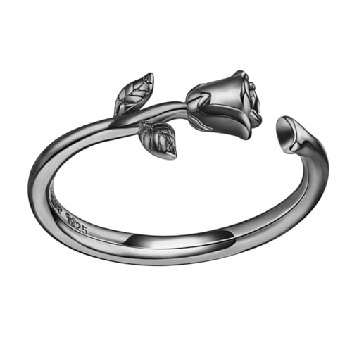 DIKACA Sterling Silber Ring Damen Vintage Blume Offener Verstellbarer Fingerring Persönlichkeit Schmuck von DIKACA