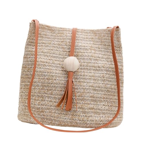 DIKACA Strandtasche Damen Strohgeflecht Wasserfeste Handtasche Sommer Handgewebt Bucket Bag Braun Leicht und Langlebig für Alltag Shopping Urlaub und Party von DIKACA