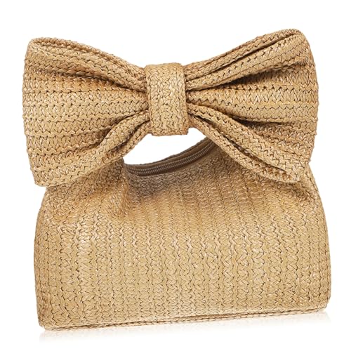 DIKACA Straw Clutch Bag mit Schleifendetail Leichte Damen Strohtasche Strapazierfähige Handtasche für Strand Shopping Reisen und Freizeit Bequeme Sommer Beach Bag in Khaki von DIKACA