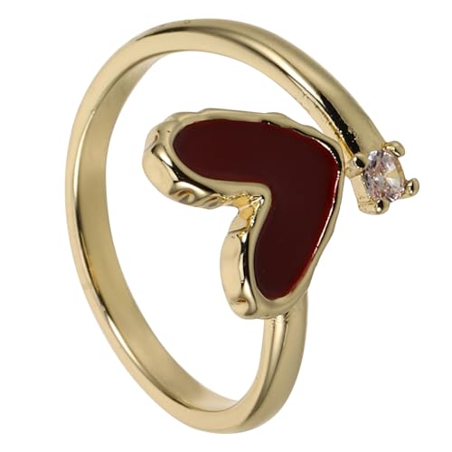 DIKACA Verstellbarer Damenring mit Rotem Herz und Funkelnden Zirkonia Offener Zeigefingerring mit Elegantem Weinrot emaille design Modischer Schmuck für Weihnachten Geburtstage und von DIKACA