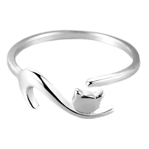 DIKACA Verstellbarer Katzenring Damen Offener Silberfarbener Schmuck Elegant Kreativ Charm Geschenk für Mädchen von DIKACA