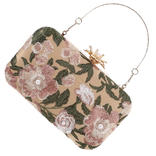 DIKACA Vintage Damen Clutch mit Floraler Stickerei und Perlenverzierung Kleine Abendtasche für Hochzeit Party Prom und Strand Tragbare Umhängetasche für Frauen Sichere Verschlussfunktion von DIKACA