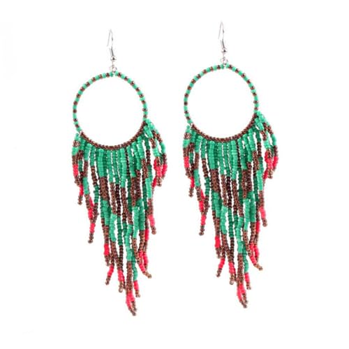 DIKACA Vintage Ohrhänger Damen Tassel Ohrringe Boho Ethno Stil Lange Ohrpendants mit Blauen Perlen Modische Ohrschmuck für Party Alltag von DIKACA