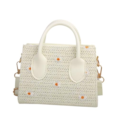 DIKACA Wunderschöne Weiße Kleine Handgefertigte Woven Handbag mit Blumenmotiv Langlebige Cross Body Bag für Damen Schultertasche für Alltag und Freizeit Modische Strohtasche Geschenkidee von DIKACA