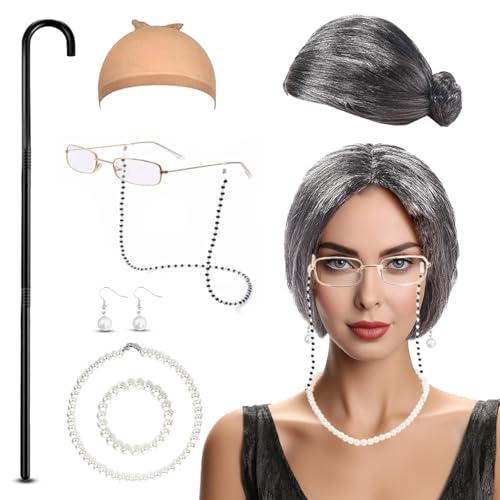 DIKARIYA Oma Perücke Set, 8er Halloween Old Lady Kostüm Großmutter Perücke Cosplay Zubehör Alte Dame Kappe Brille Ketten Perlenkette Spazierstock, Kostümzubehör für Frauen Fasching Maskerade Karneval DIKARIYA Oma Perücke Set, 8er Halloween Old Lady Kostüm Großmutter Perücke Cosplay Zubehör Alte Dame Kappe Brille Ketten Perlenkette Spazierstock, Kostümzubehör für Frauen Fasching Maskerade Karneval von DIKARIYA