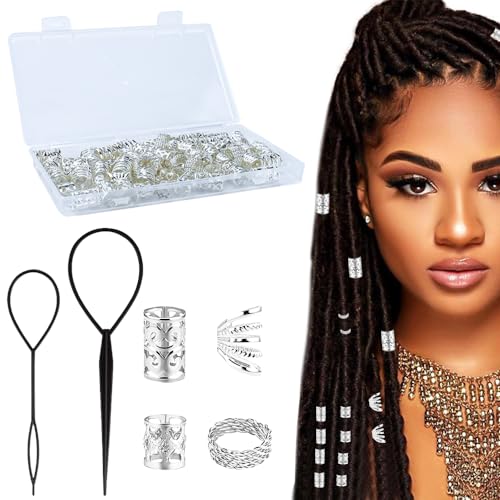 DIKEBAO 70 Stück Dreadlocks Schmuck, Aluminium Haarringe Haar Ringe Geflochtenes Zubehör Verstellbar Metall Haarschmuck Braids Gewebter Spirale Haar Schmuck Dreadlocks für Damen Herren（Silber） von DIKEBAO