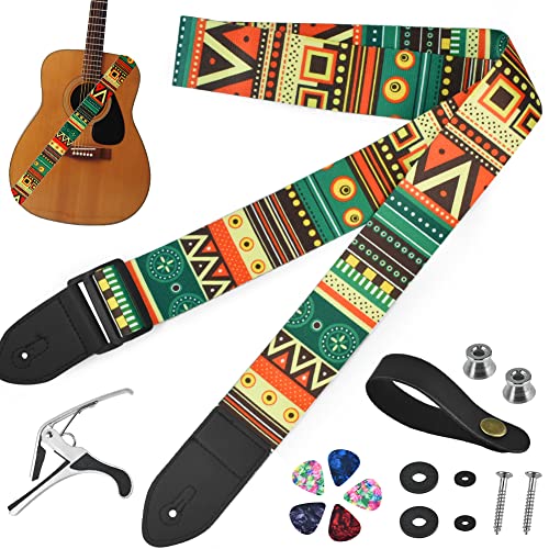 DIKEBAO Gitarrengurt Baumwolle Gitarre Gurt Verstellbarer Gitarrengurt 80-137cm Gitarren Gurtband +Gitarre Halsband+2 Gitarren Gurtpin+Kapodaster+5 Gitarrenplektren für E Gitarre Bass (Faberig) von DIKEBAO