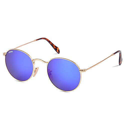 DIKLEY Klassische Sonnenbrille mit Metallrahmen, runde Retro-Sonnenbrille für Herren und Damen, UV400-Glaslinse, Goldener Rahmen, blaue Blitzlinse, Medium von DIKLEY