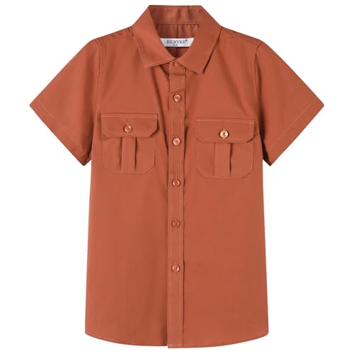 Jungen Schulhemd Kurzarm Uniform Shirts Gewebt mit Zwei Taschen, braun, 4 Jahre von DILBYKE