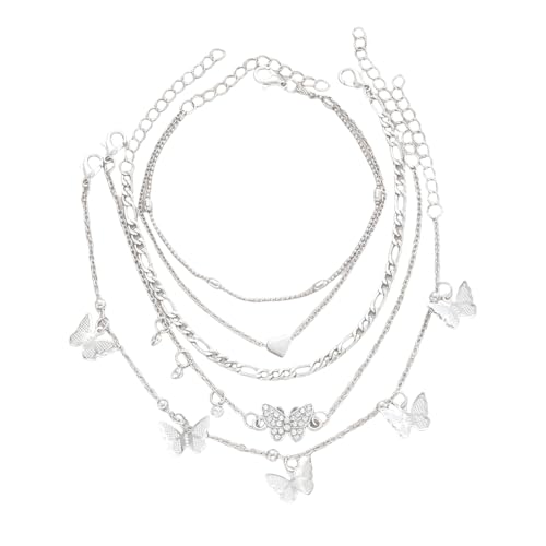DILYUPE Fußkettchen silber 925 damen - Schmetterling Layered Fußkette - Sommer Barfuß Strand Fusskette - verstellbare von DILYUPE