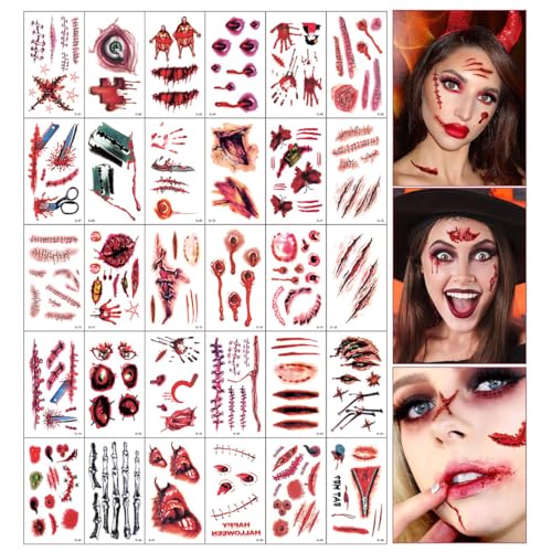 DILYUPE Temporäre Tattoos (30 Blatt) - Halloween Zombie Scars Tattoos Aufkleber mit gefälschten Scab Blut Spezial Kostüm Makeup Stützen Modell B von DILYUPE