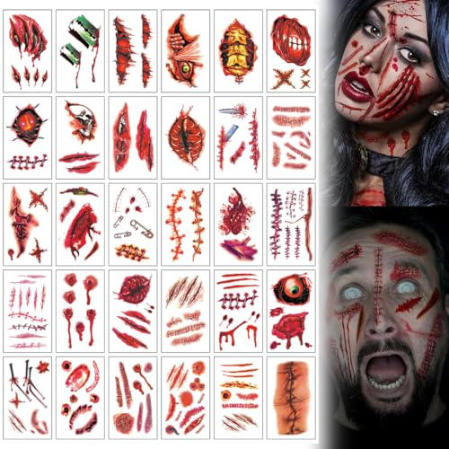 DILYUPE Temporäre Tattoos (30 Blatt) - Halloween Zombie Scars Tattoos Aufkleber mit gefälschten Scab Blut Spezial Kostüm Makeup Stützen von DILYUPE