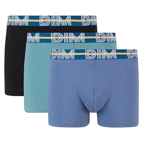 DIM Homme - Boxershorts Style Powerful Cotton Stretch x3 | Farbiger Grafikgürtel | Optimaler Komfort | Weiche, dehnbare Baumwolle Hyazinthblau/Viridgrün/Schwarz L von Dim