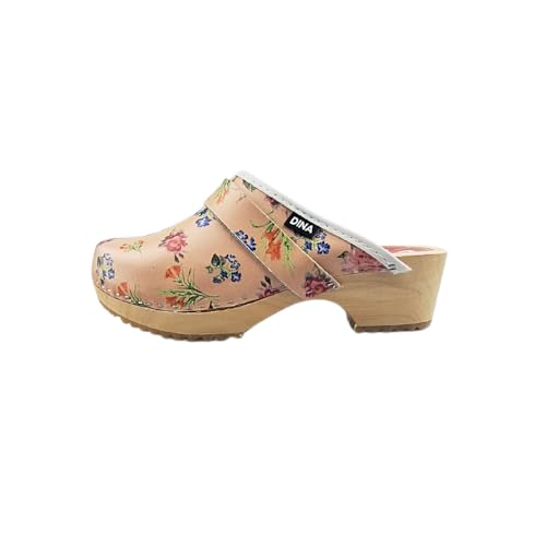 Dina Beige Flower Print Swedish Clogs - Open Heel with Leather Cap & Wooden Sole, beige, 41 EU von DINA CLOGS