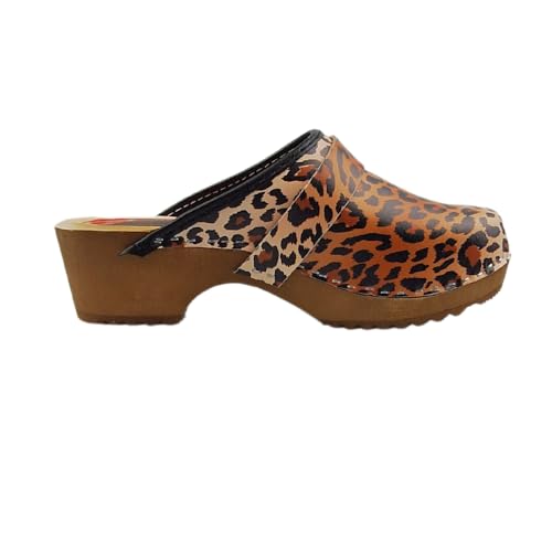 Dina Swedish Clogs - Leopard Print Open Heel with Leather Cap & Matching Pantherprint Shoulder Bag, Leopard, 40 EU von DINA CLOGS