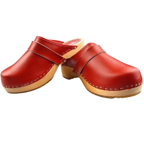 Hollands Clogs Swedish Red Leather Clogs - Genuine Leather, Open Heel, Wooden Sole, Durable & Stylish, rot red, 42 EU von DINA CLOGS