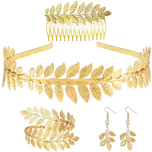 DINGFENG 4 Stück Griechische Göttin Kostüm Schmuck Set，Hochzeit Brautschmuck Oberarmreif Ohrringe Lorbeerkranz Haarspange Armband Goldene Hochzeit Boho Blatt Haar Krone Accessories Mädchen Damen von DINGFENG