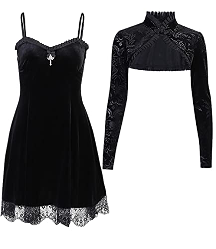2-teiliges Set Vintage Gothic Kleid und Umhang Frauen Herbst Winter Spitze Samt Elegant Retro Kleider, Zweiteilig, 46 von DINGJIUYAN
