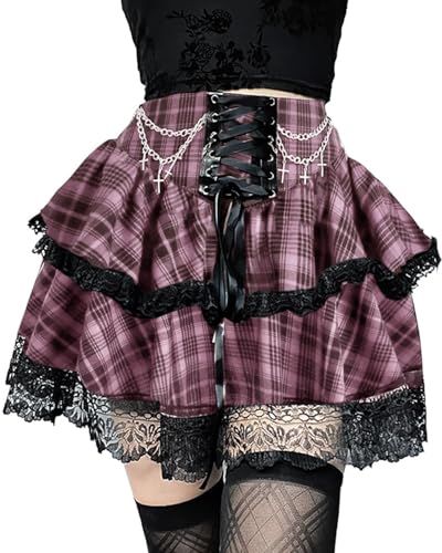 DINGJIUYAN 2-lagiger Minirock mit Ketten Gothic Y2k Rüschen Faltenröcke Steampunk Spitzensaum vorne Bandage kurzer Rock, Plaid rosa, S von DINGJIUYAN