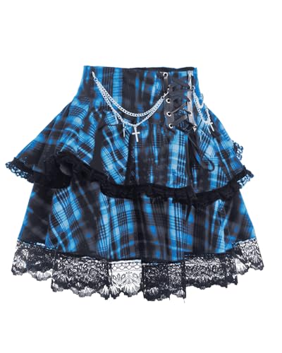 DINGJIUYAN 2-lagiger Minirock mit Ketten Gothic Y2k Rüschen Faltenröcke Steampunk Spitzensaum vorne Bandage kurzer Rock, V-Blau, S von DINGJIUYAN