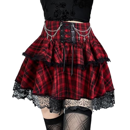 DINGJIUYAN 2-lagiger Minirock mit Ketten Gothic Y2k Rüschen Faltenröcke Steampunk Spitzensaum vorne Bandage kurzer Rock, kariert rot, M DINGJIUYAN 2-lagiger Minirock mit Ketten Gothic Y2k Rüschen Faltenröcke Steampunk Spitzensaum vorne Bandage kurzer Rock, kariert rot, M von DINGJIUYAN