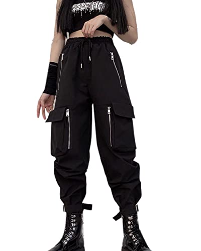 DINGJIUYAN Damen-Cargohose, Haremshose, modische Punk-Taschen, Jogginghose mit Kette, Harajuku, elastische Hosen mit hoher Taille, 02-schwarz, M von DINGJIUYAN