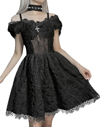 DINGJIUYAN Gothic A-Linie Plissee Swing Kleid Damen Sommer Lolita Neckholder Slip Kleider Y2K Retro Halloween Party Kleider, 5-schwarz, L von DINGJIUYAN